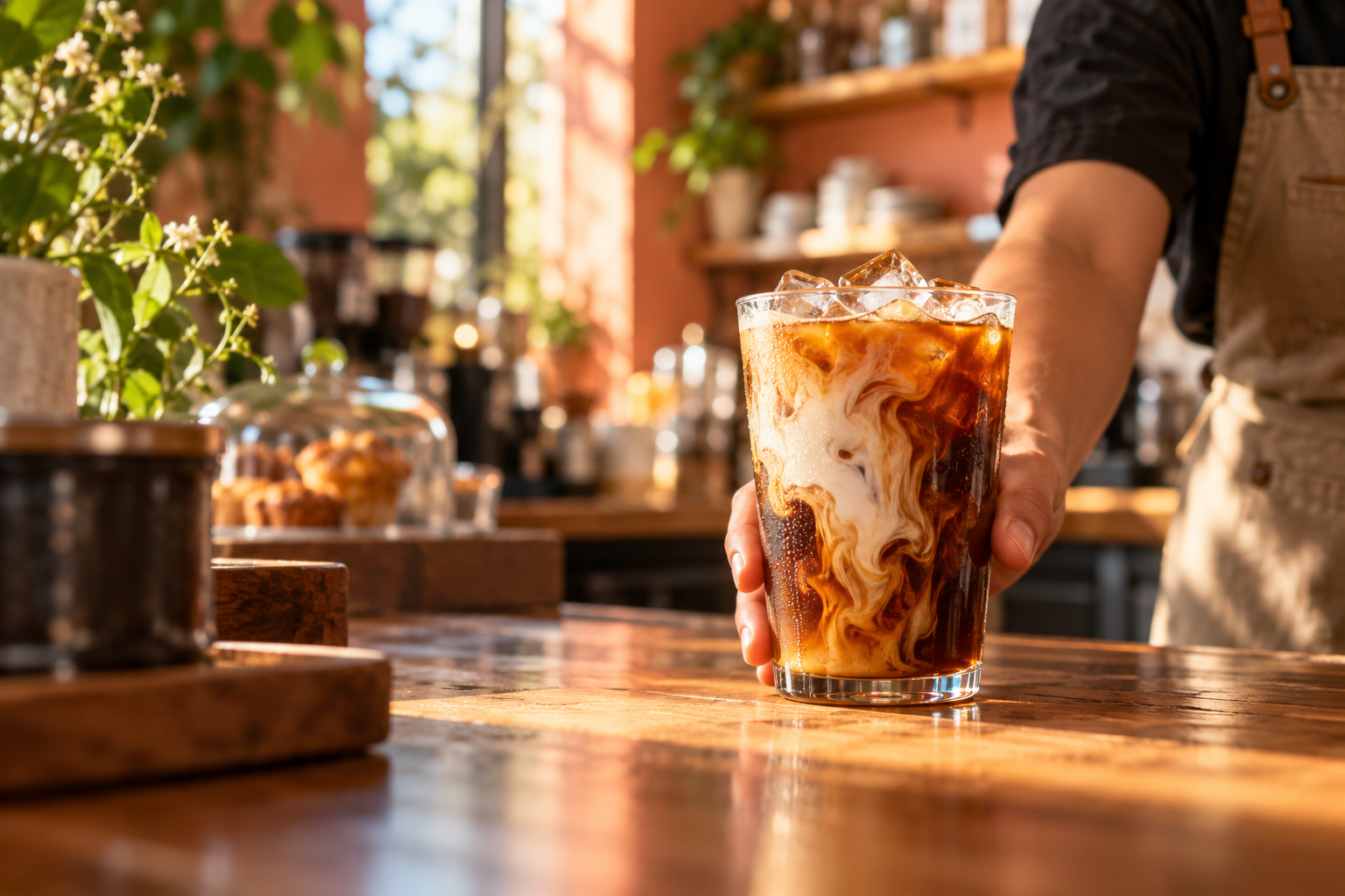 Illustrative café social post with an iced coffee being placed on a counter