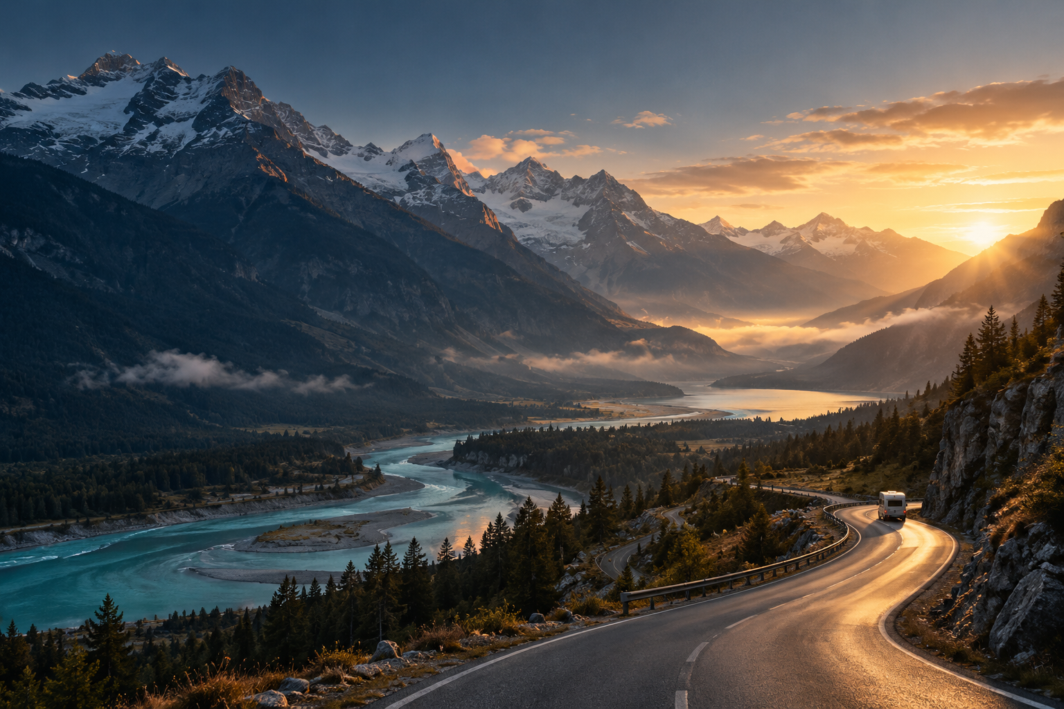 Illustrative travel film: a camper van on a winding mountain road at sunrise
